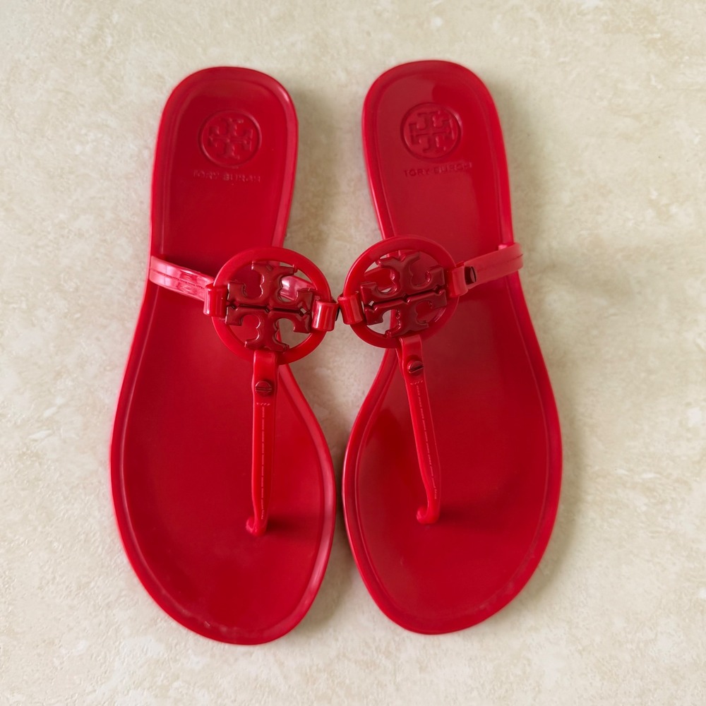 Tory Burch Womens Mini Miller Jelly Thong Sandals Red Logo Flats 51148678 Size 6